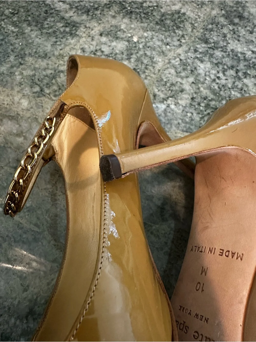 kate spade Glossy Tan Mary Jane Pumps with Chain Strap